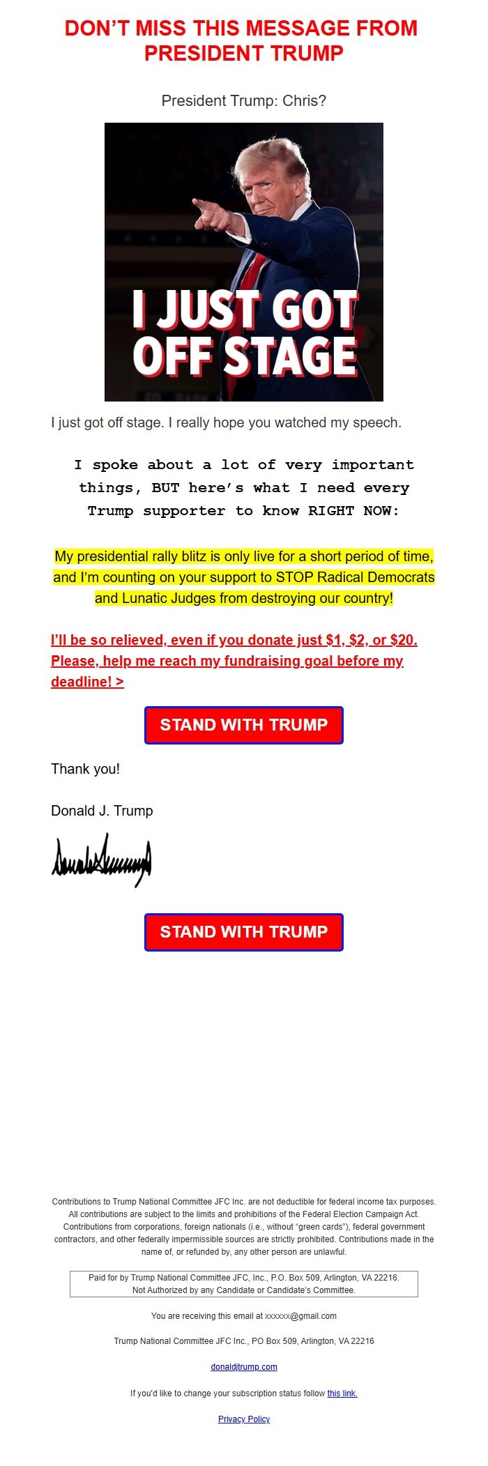 Screenshot of the email generated on import