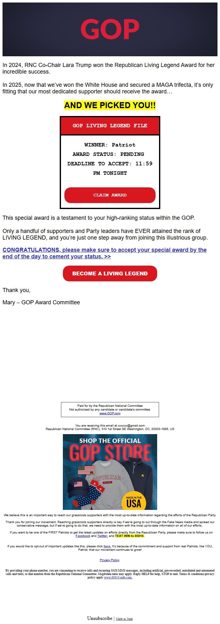 Screenshot of the email generated on import