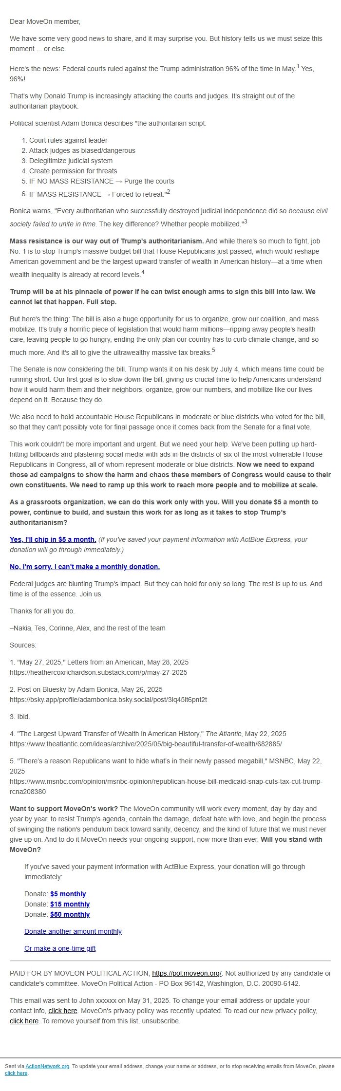Screenshot of the email generated on import