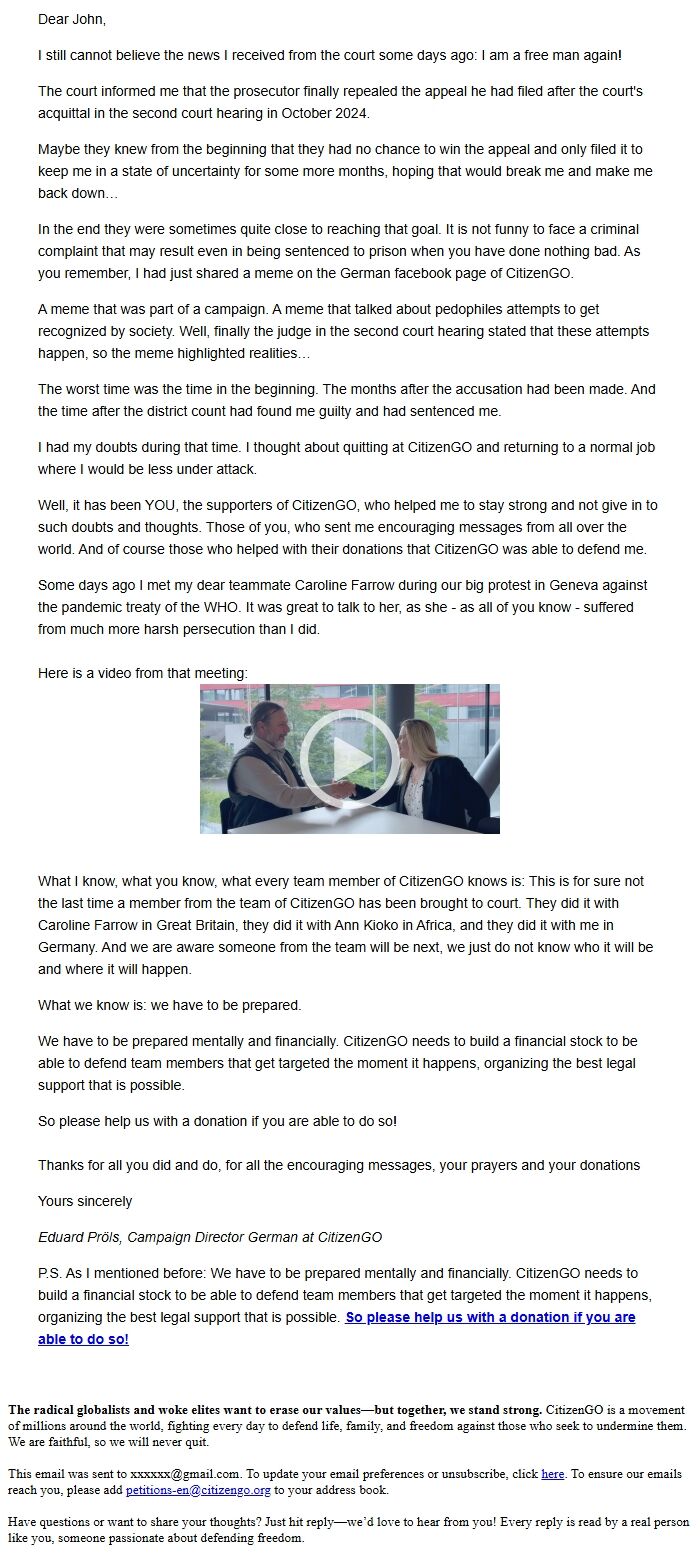 Screenshot of the email generated on import