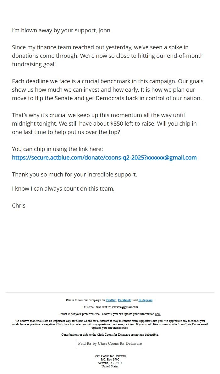 Screenshot of the email generated on import