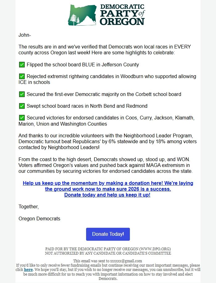 Screenshot of the email generated on import