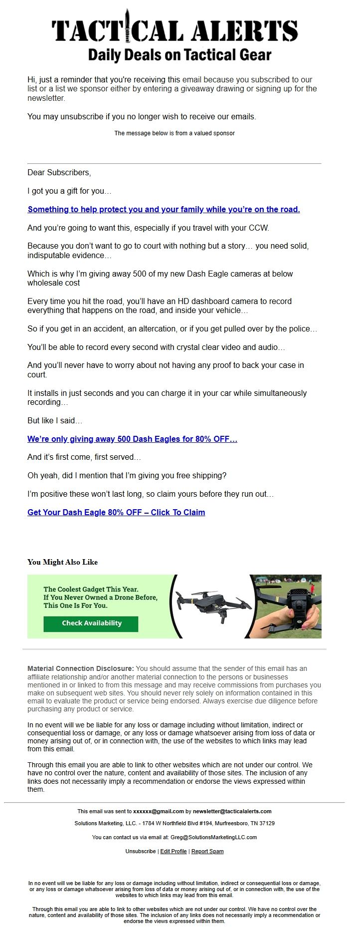 Screenshot of the email generated on import