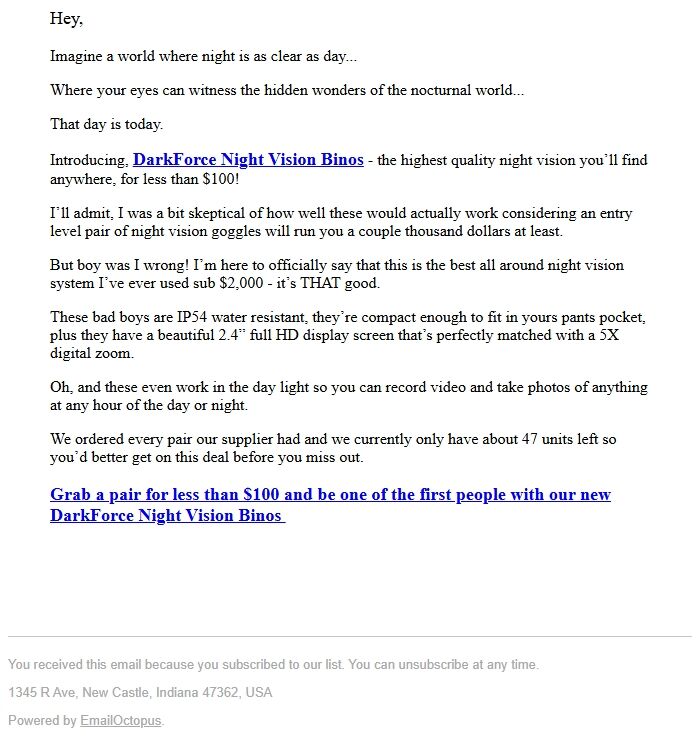 Screenshot of the email generated on import