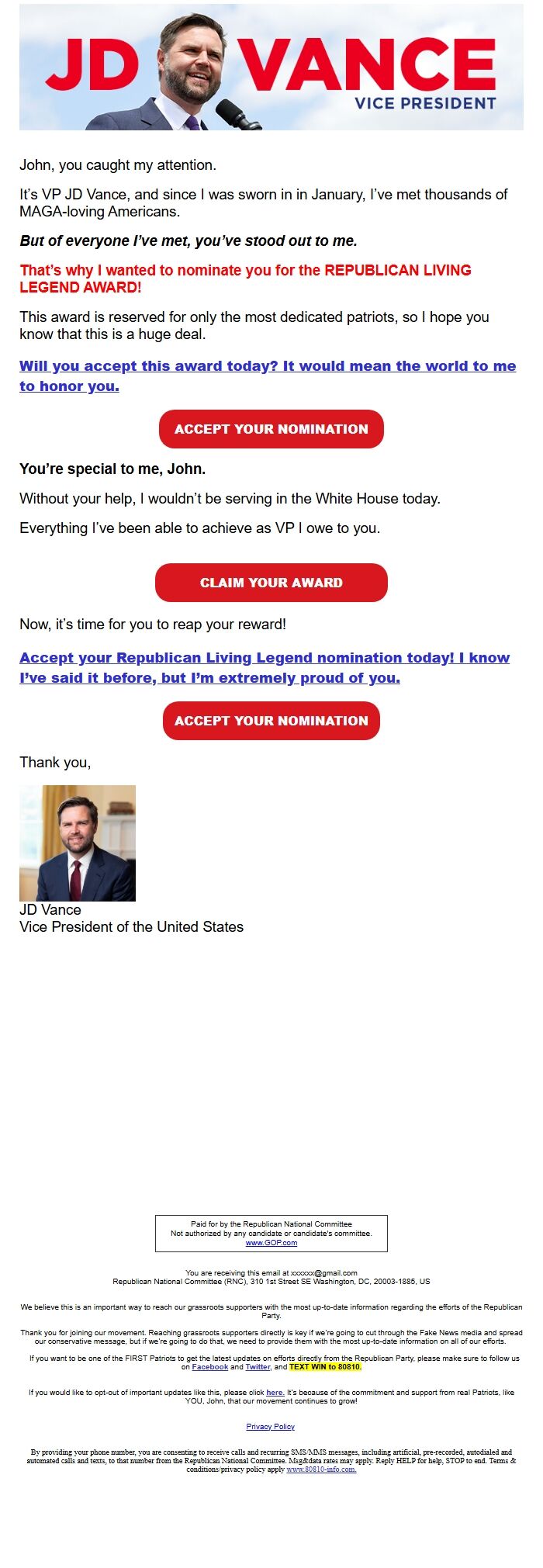 Screenshot of the email generated on import