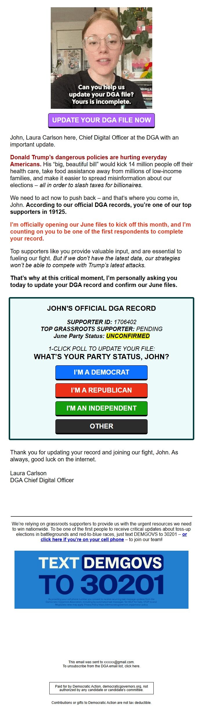 Screenshot of the email generated on import