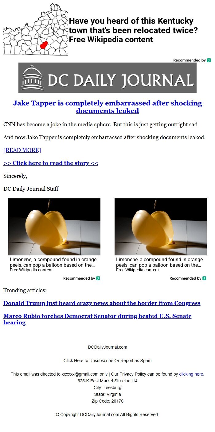Screenshot of the email generated on import