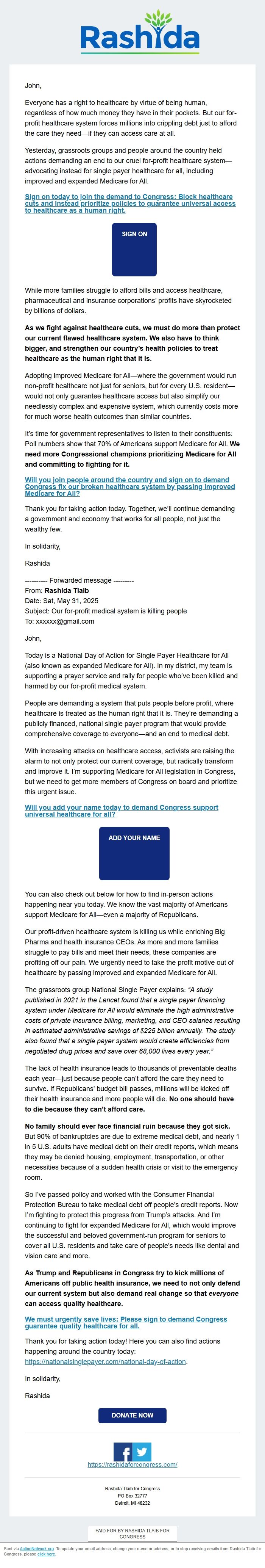 Screenshot of the email generated on import