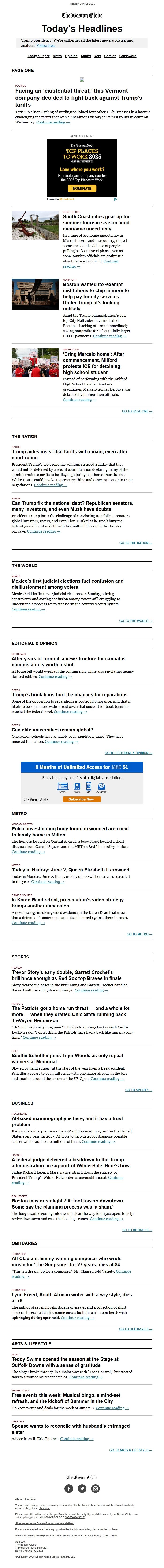 Screenshot of the email generated on import