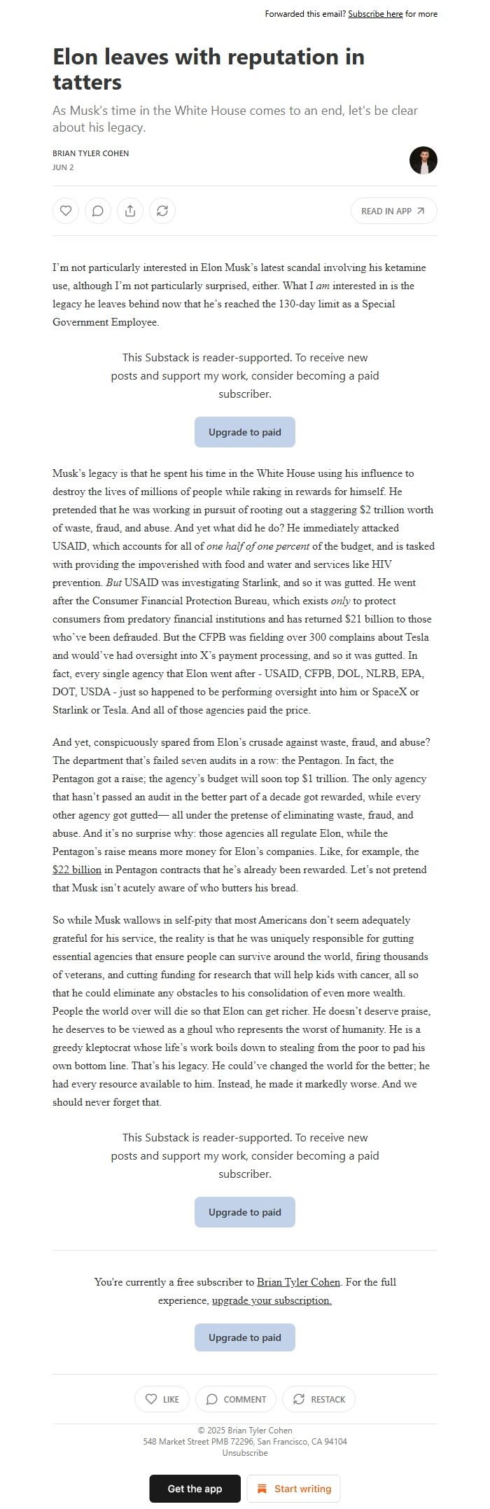 Screenshot of the email generated on import