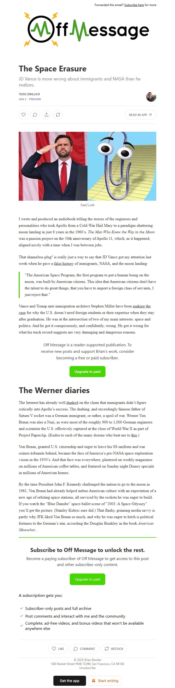Screenshot of the email generated on import