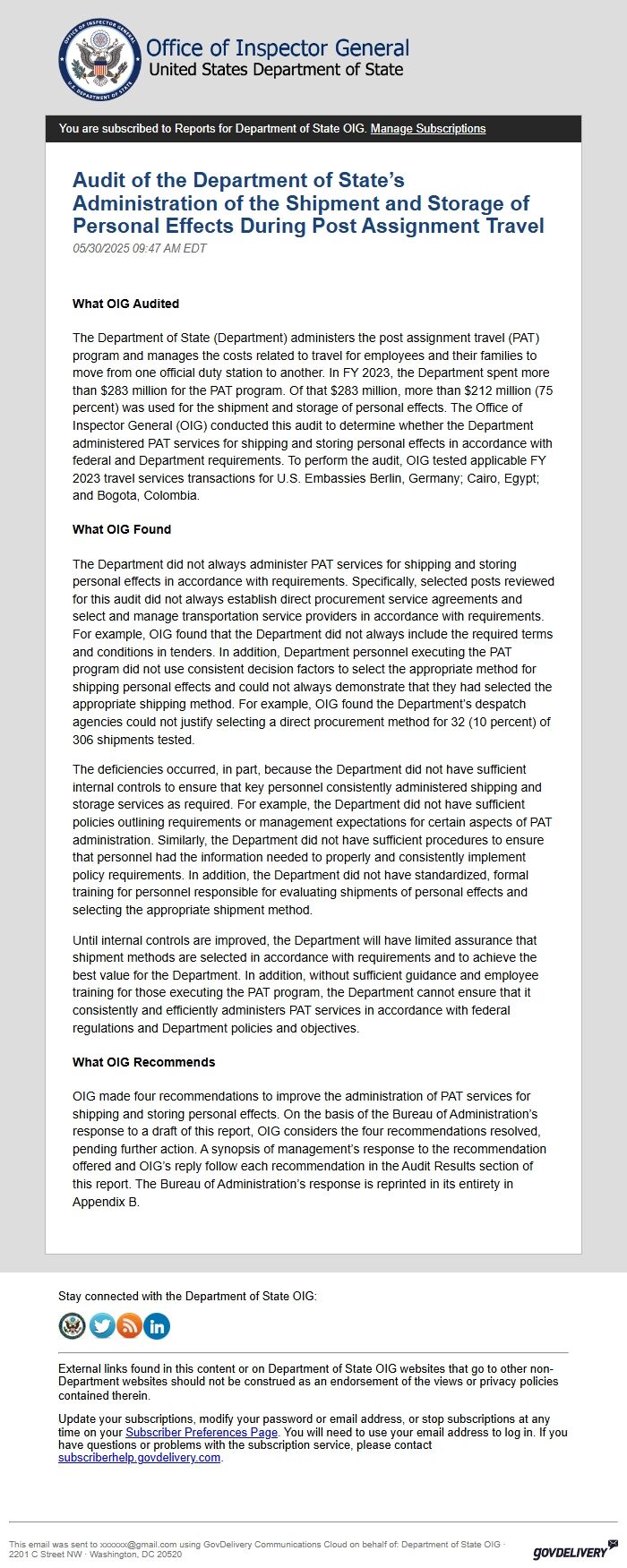 Screenshot of the email generated on import