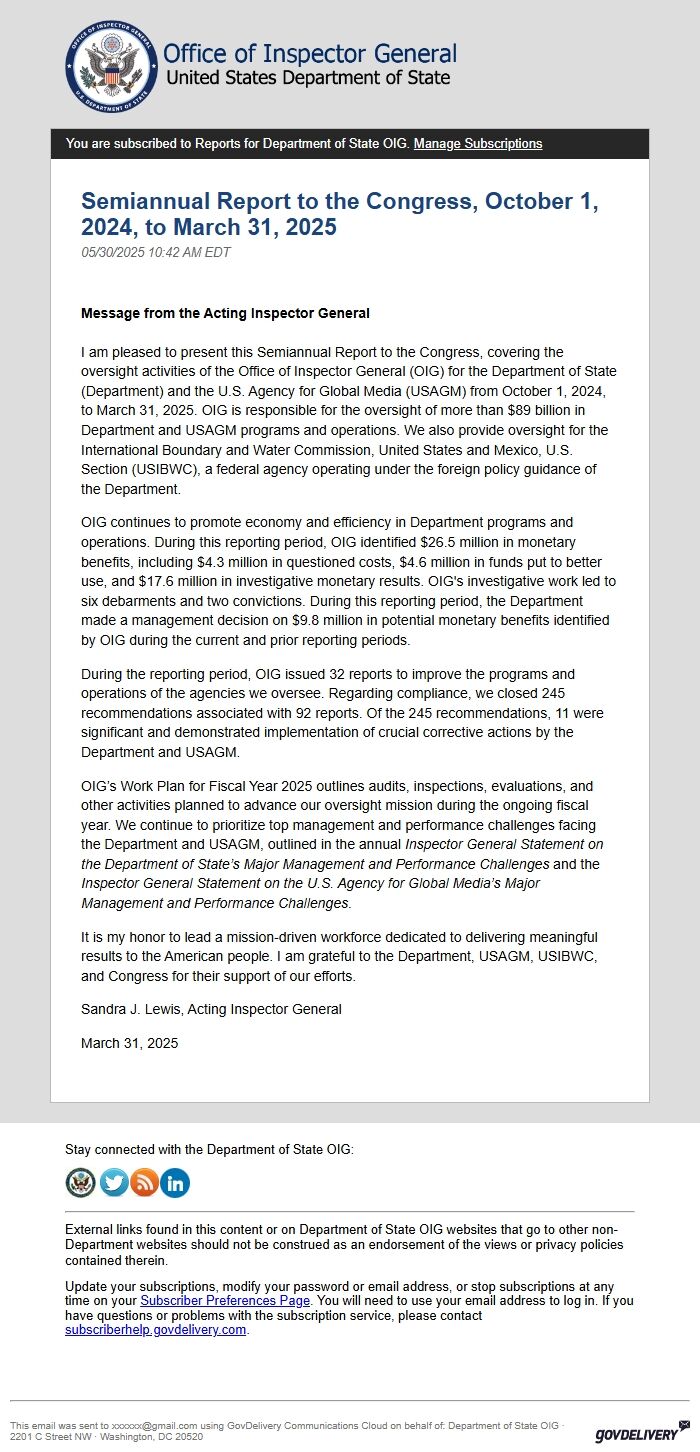 Screenshot of the email generated on import