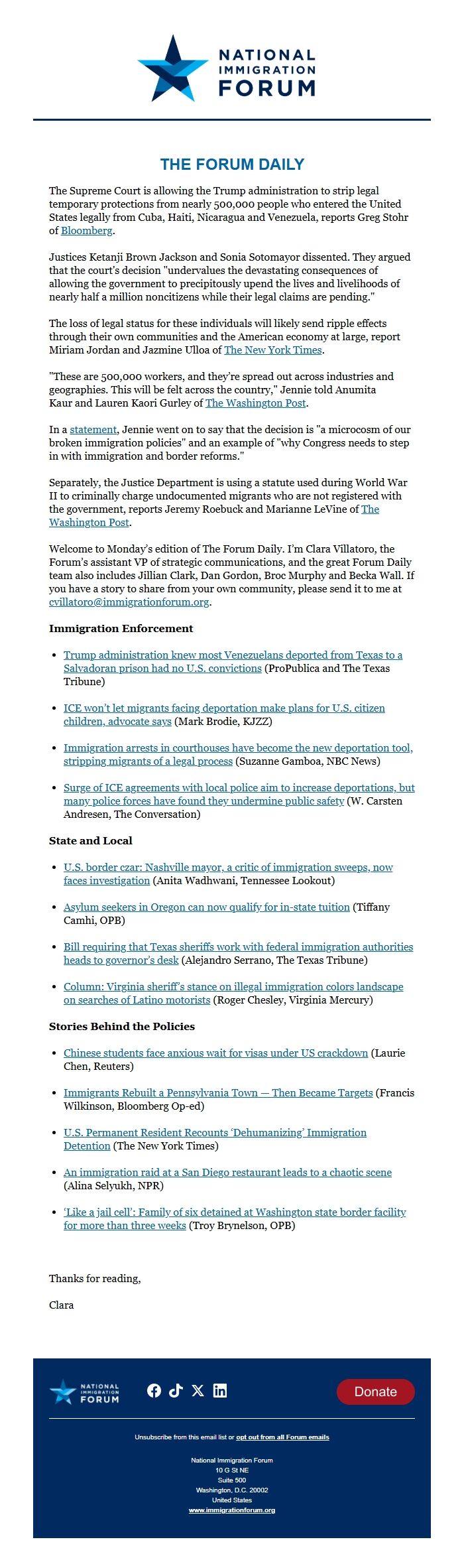 Screenshot of the email generated on import