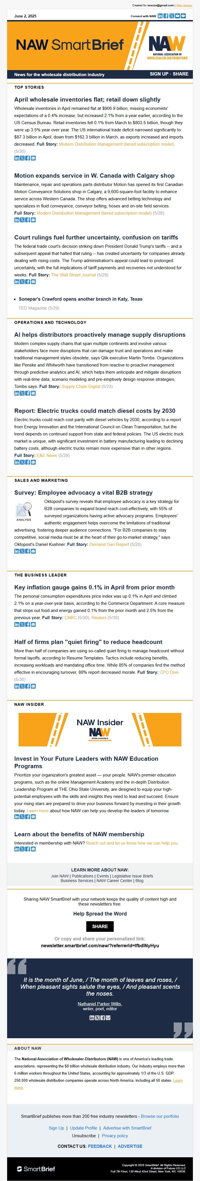 Screenshot of the email generated on import