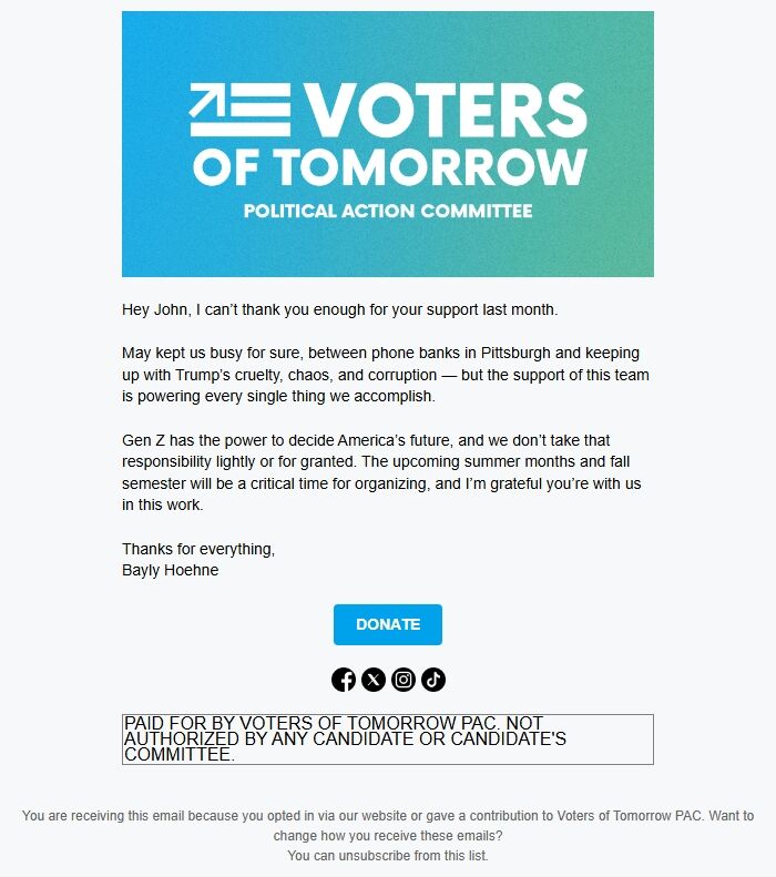 Screenshot of the email generated on import