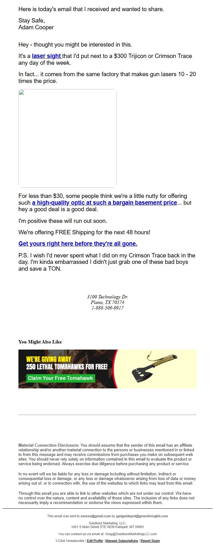 Screenshot of the email generated on import