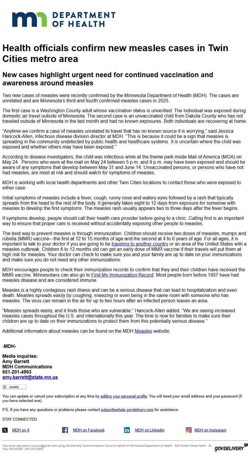 Screenshot of the email generated on import