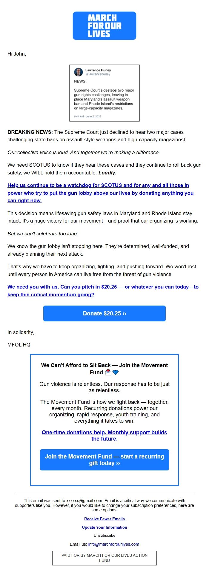 Screenshot of the email generated on import