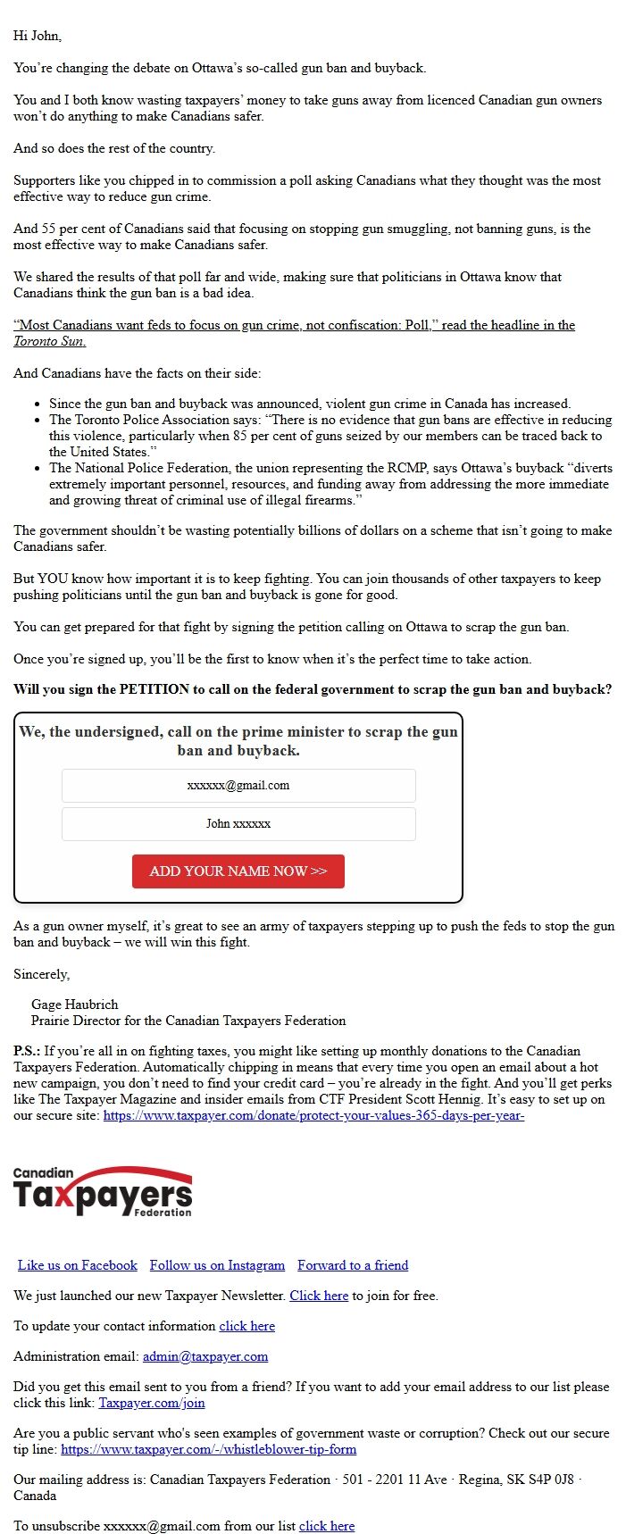 Screenshot of the email generated on import