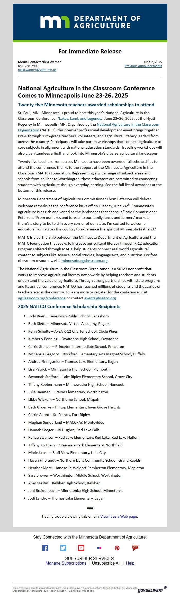 Screenshot of the email generated on import