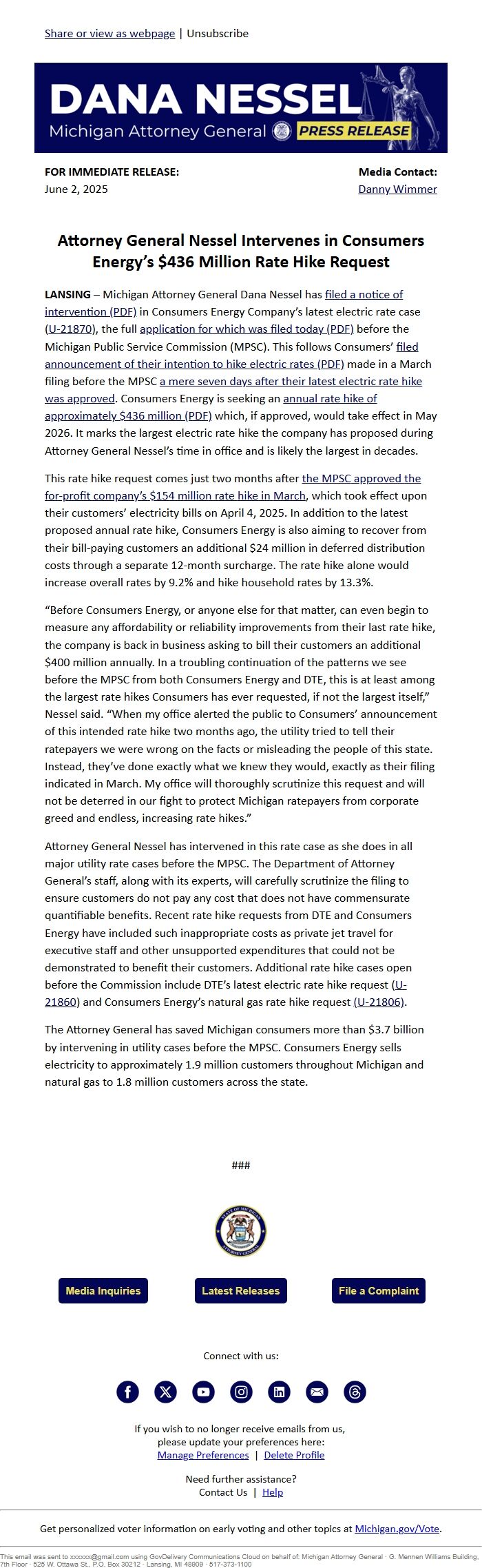 Screenshot of the email generated on import