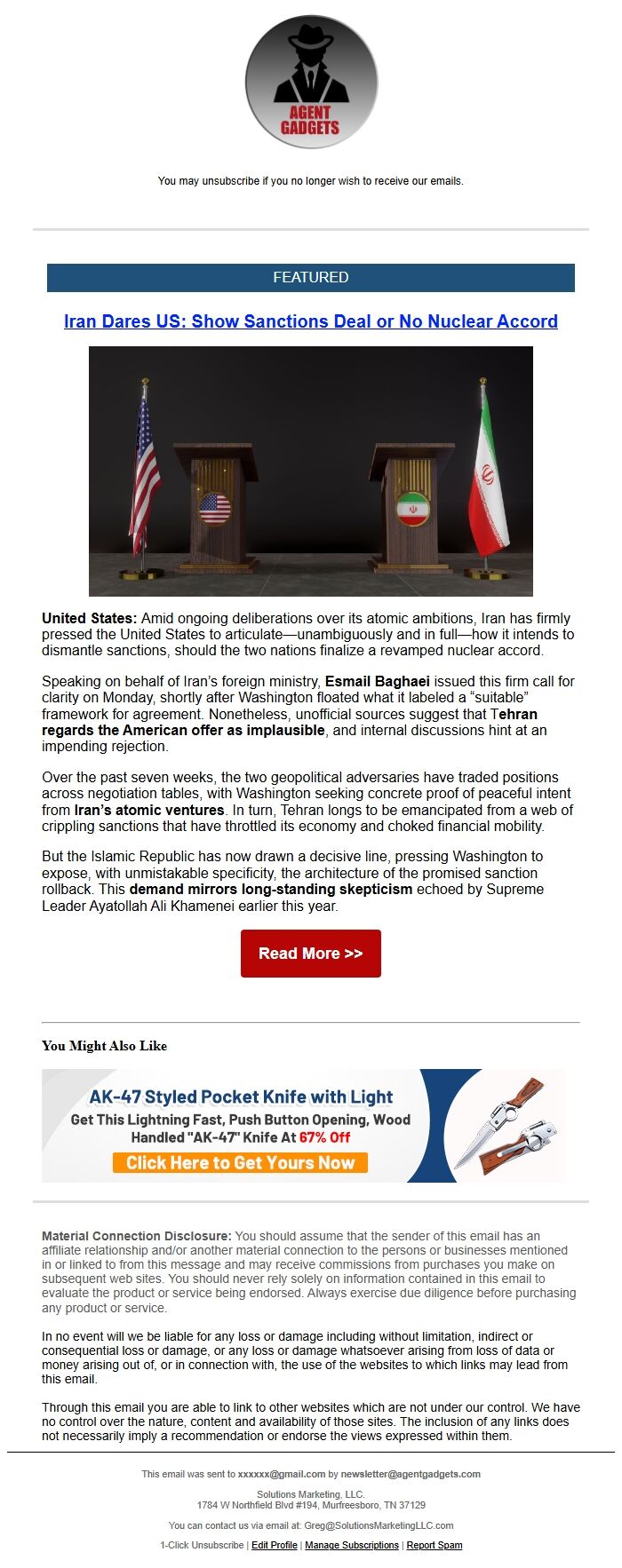 Screenshot of the email generated on import