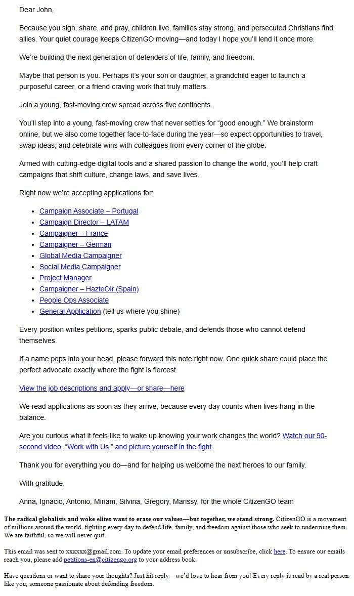 Screenshot of the email generated on import