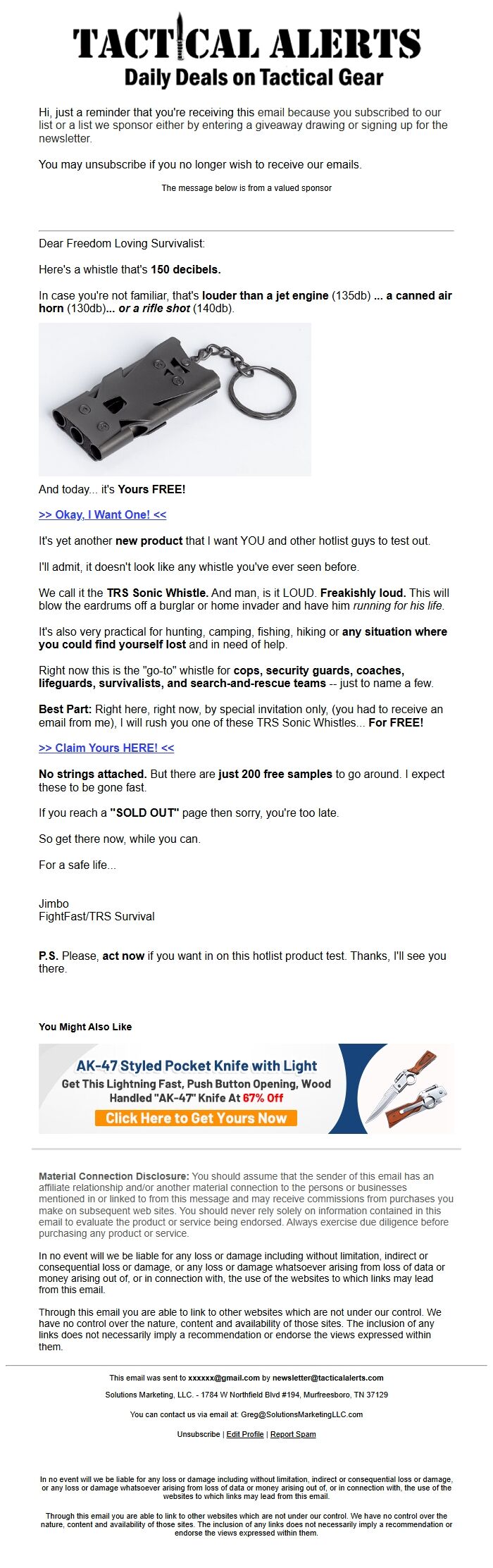 Screenshot of the email generated on import
