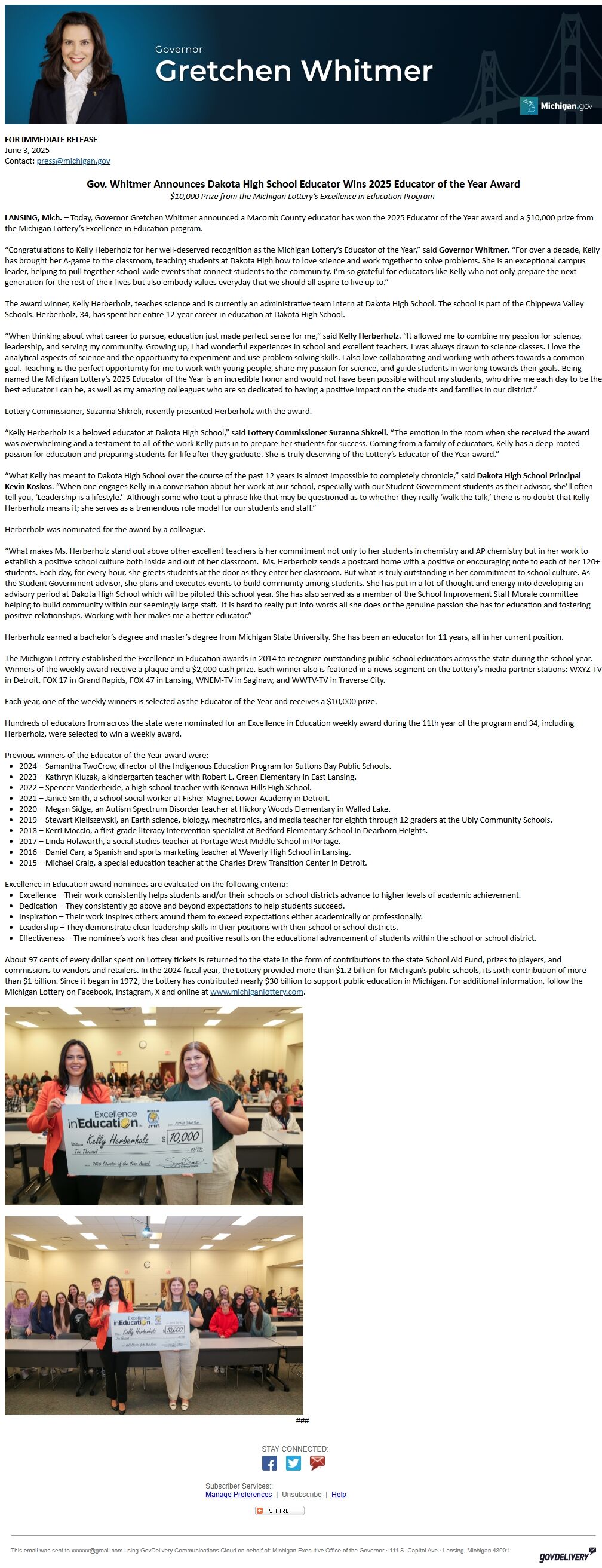 Screenshot of the email generated on import