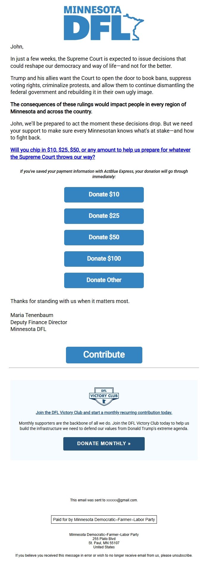 Screenshot of the email generated on import