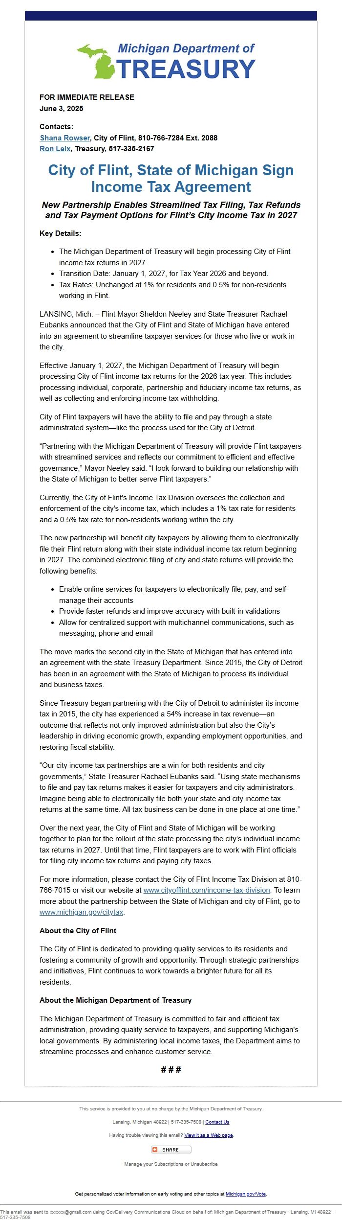 Screenshot of the email generated on import