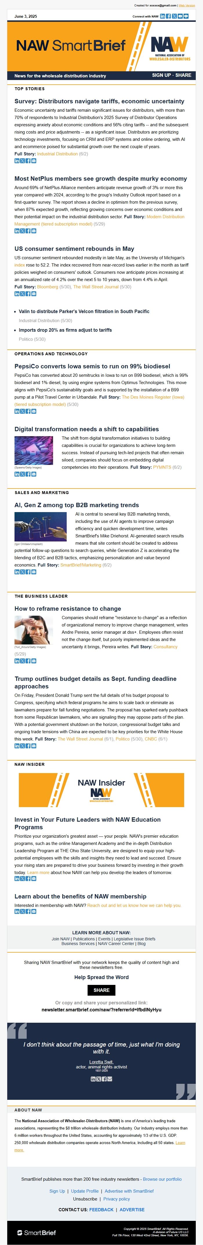 Screenshot of the email generated on import