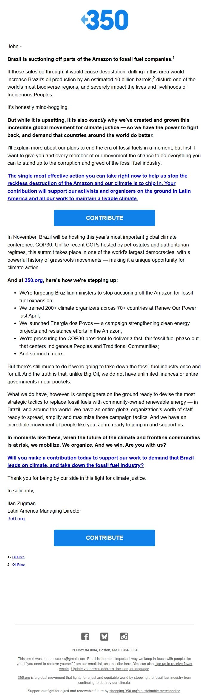 Screenshot of the email generated on import