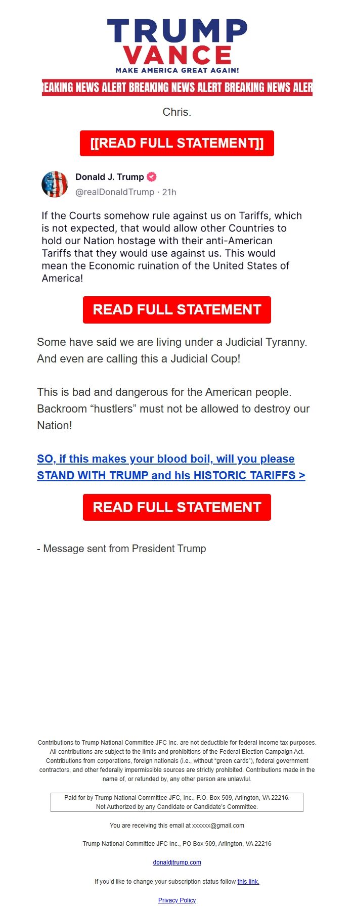 Screenshot of the email generated on import
