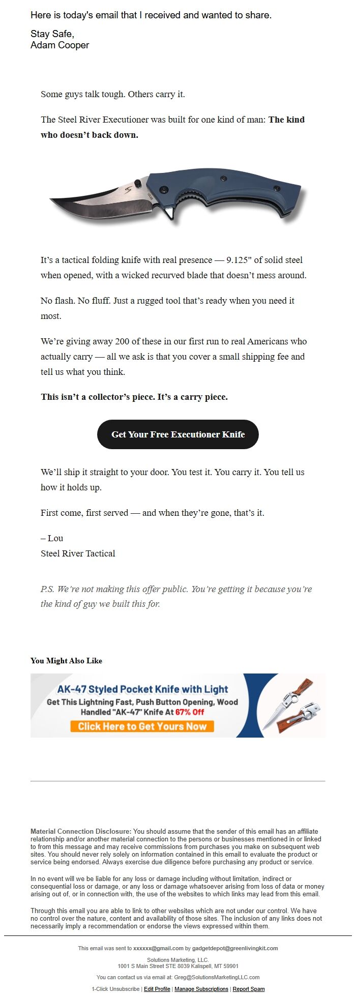Screenshot of the email generated on import