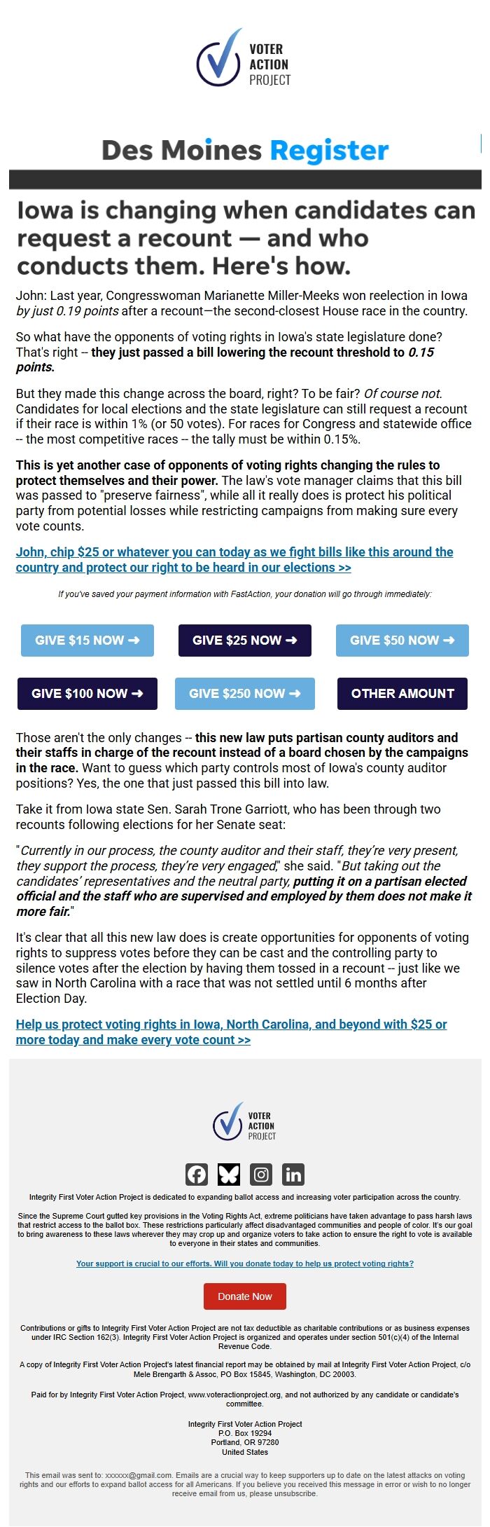 Screenshot of the email generated on import