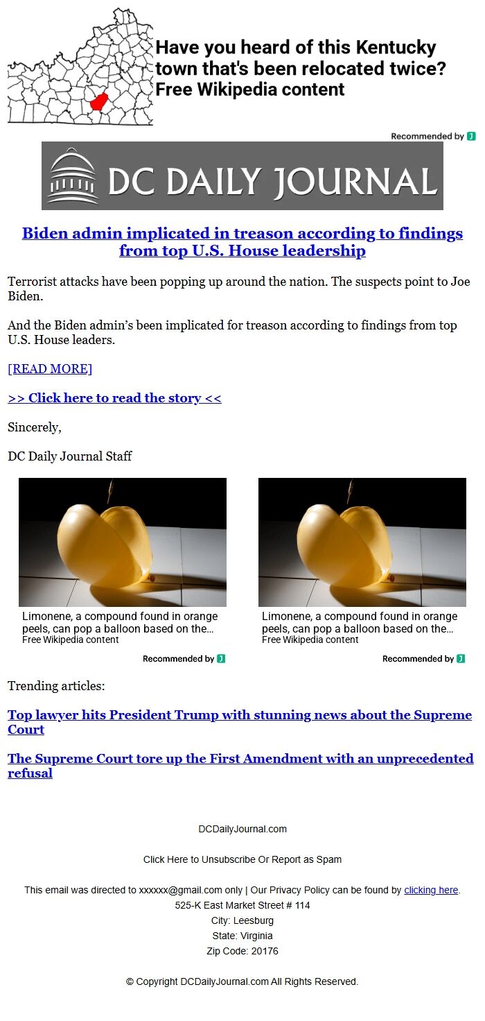 Screenshot of the email generated on import