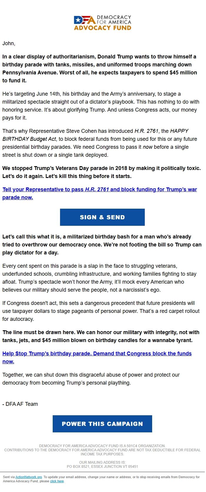 Screenshot of the email generated on import