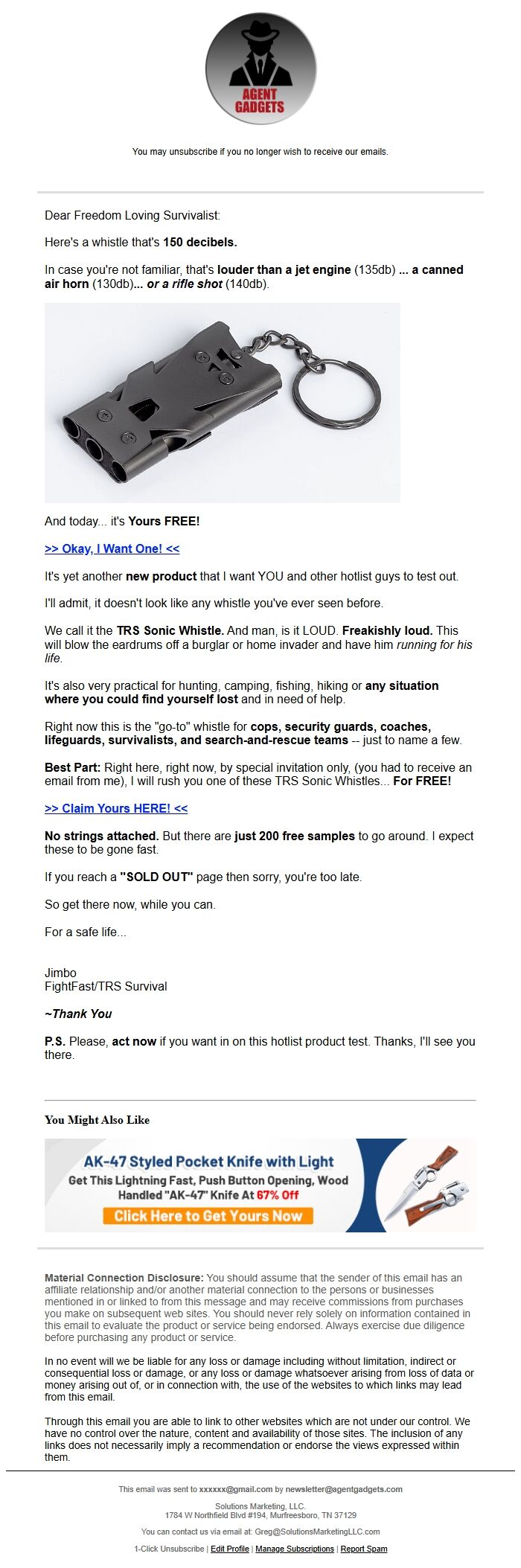 Screenshot of the email generated on import