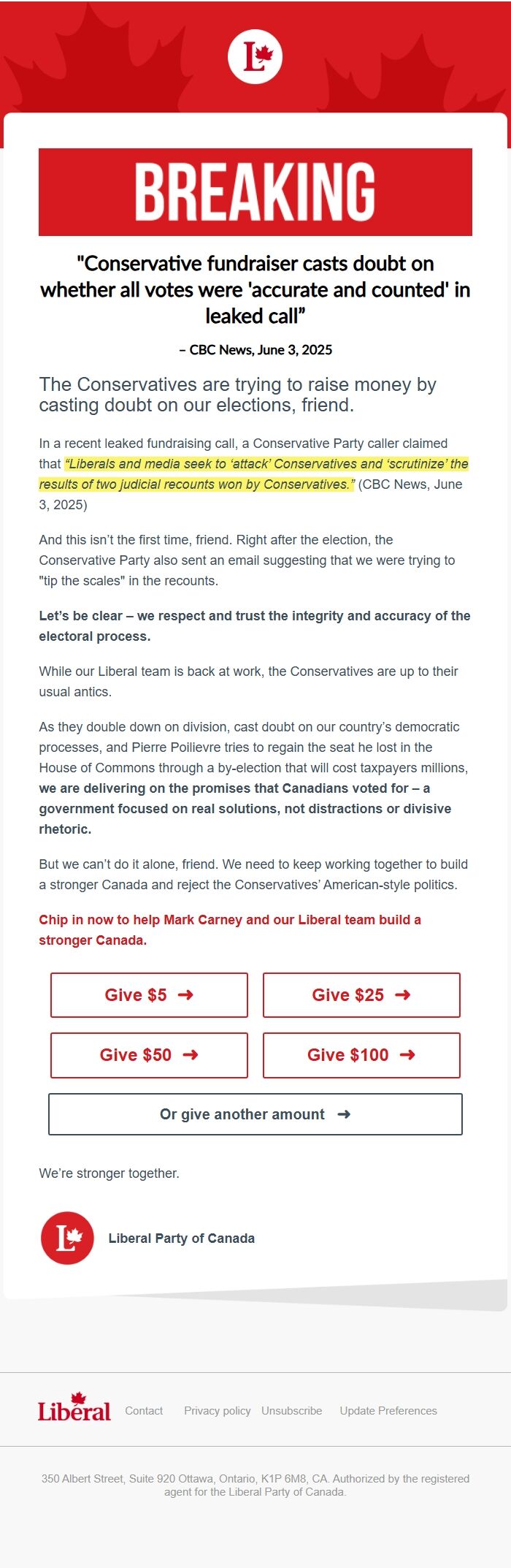 Screenshot of the email generated on import
