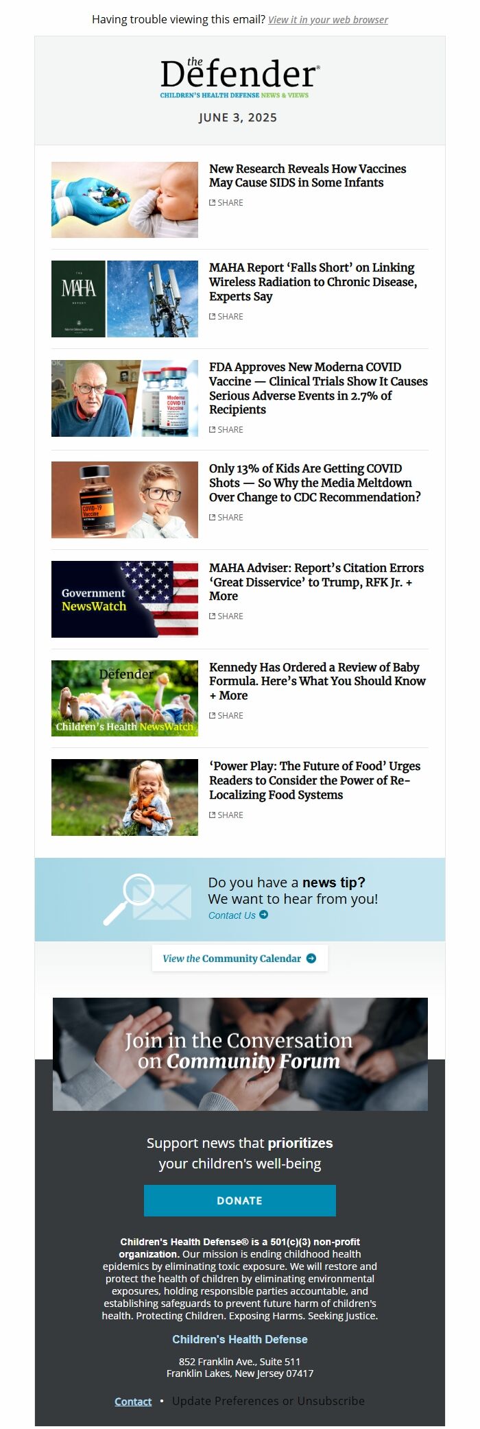 Screenshot of the email generated on import