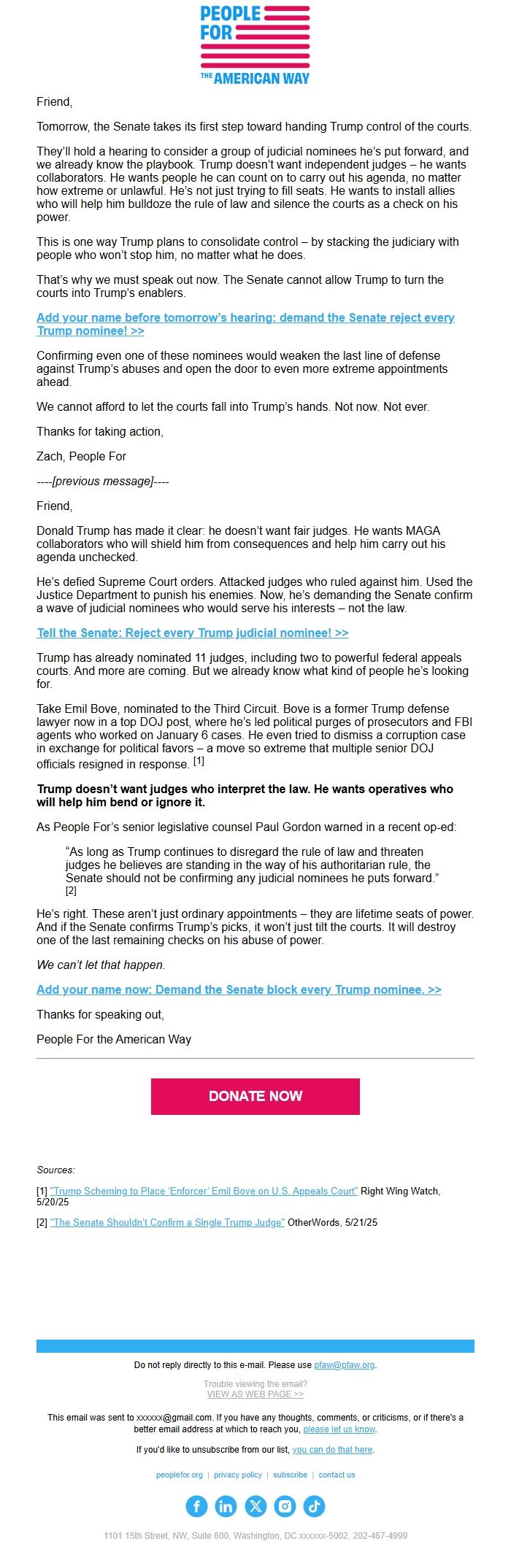 Screenshot of the email generated on import