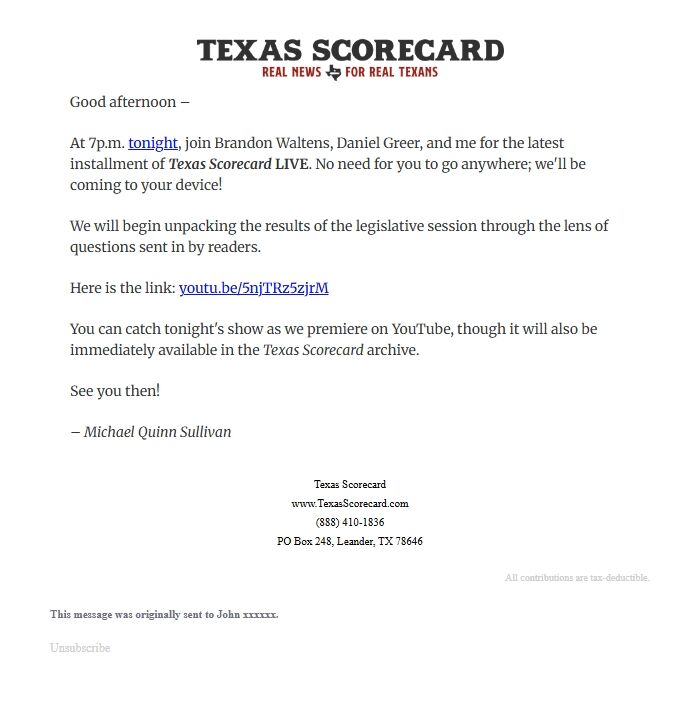Screenshot of the email generated on import