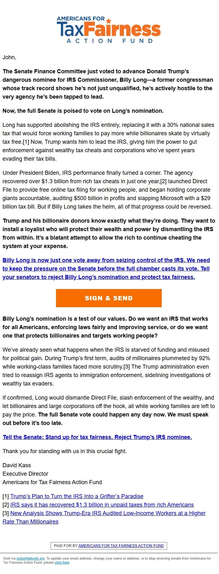 Screenshot of the email generated on import