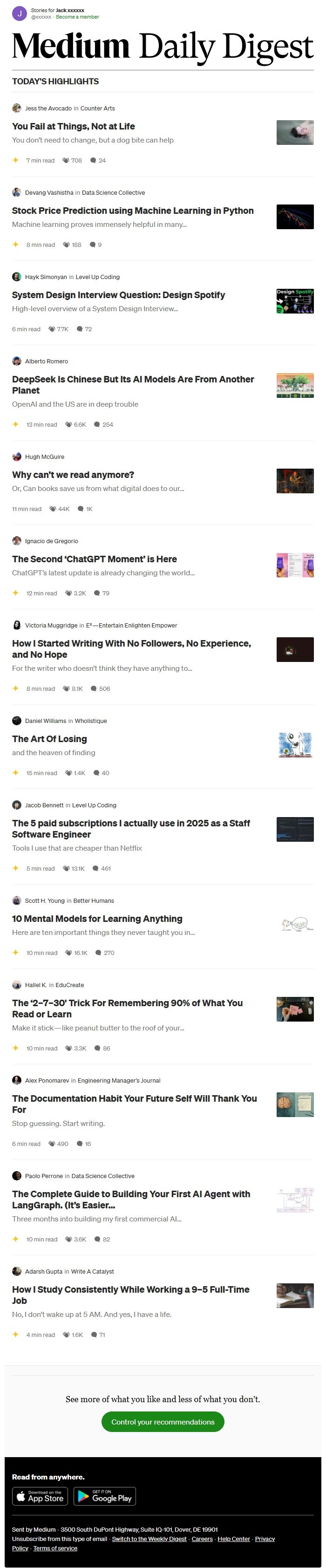 Screenshot of the email generated on import