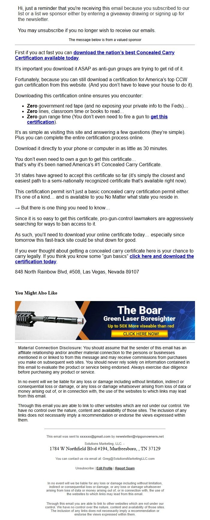 Screenshot of the email generated on import