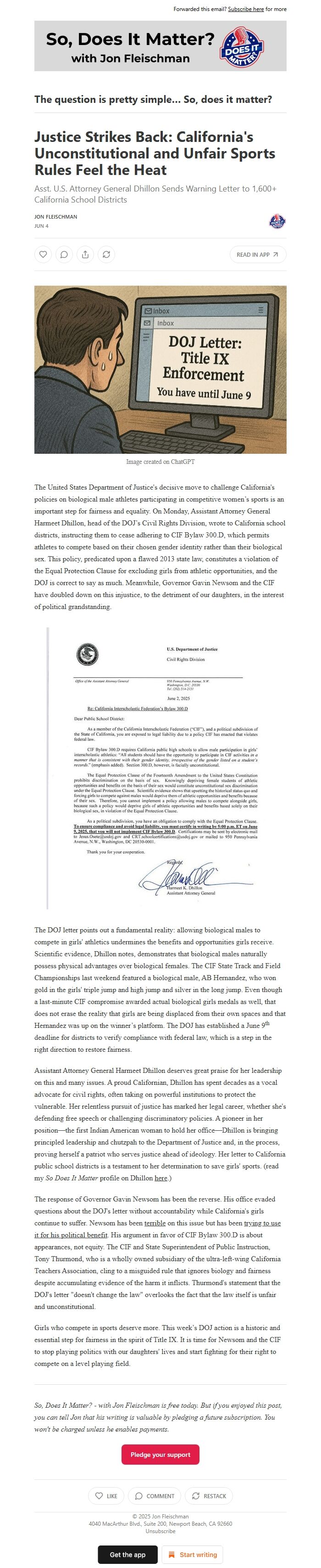 Screenshot of the email generated on import