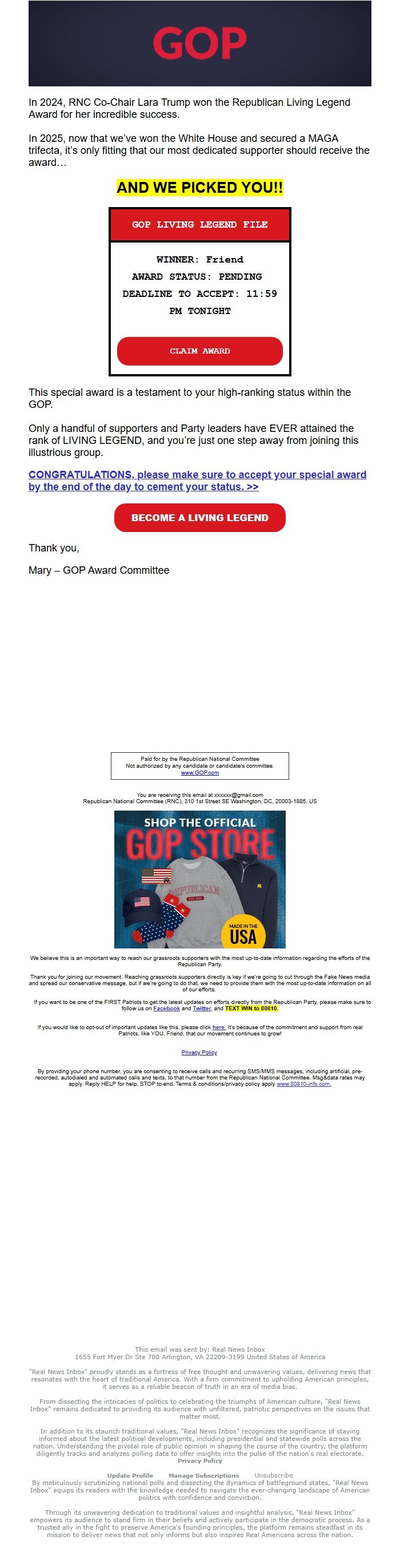 Screenshot of the email generated on import
