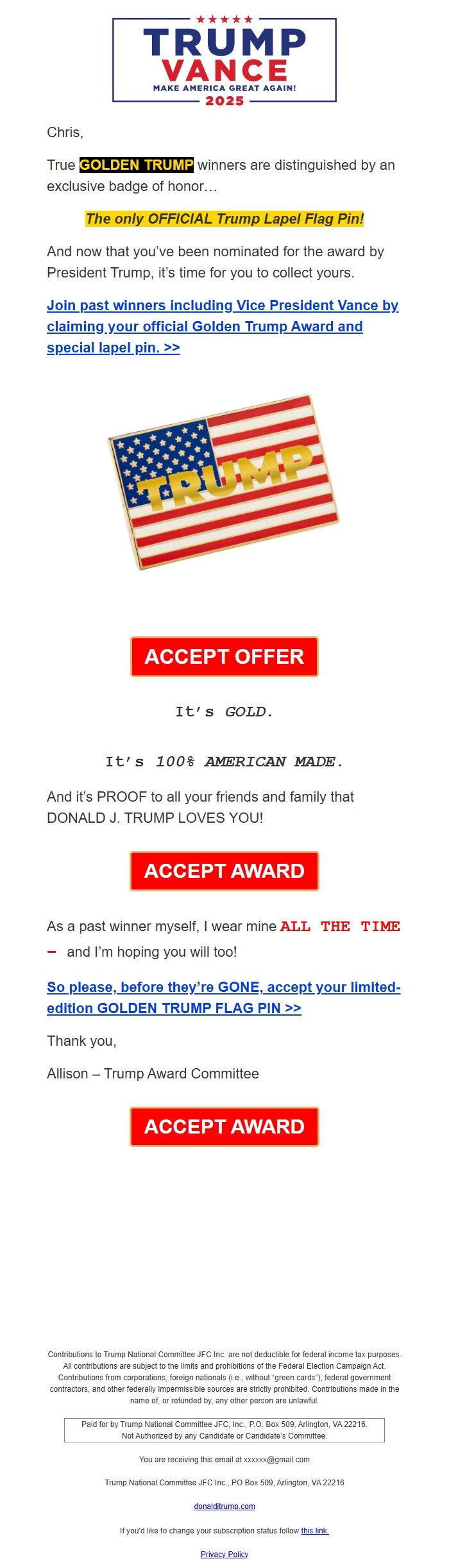 Screenshot of the email generated on import